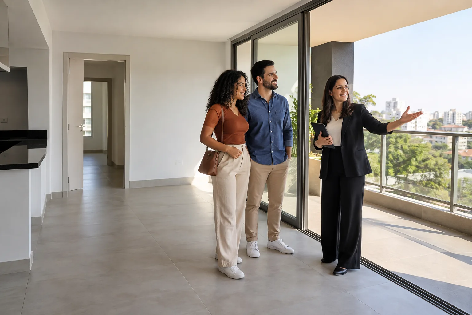 Corretora mostrando um apartamento a um casal