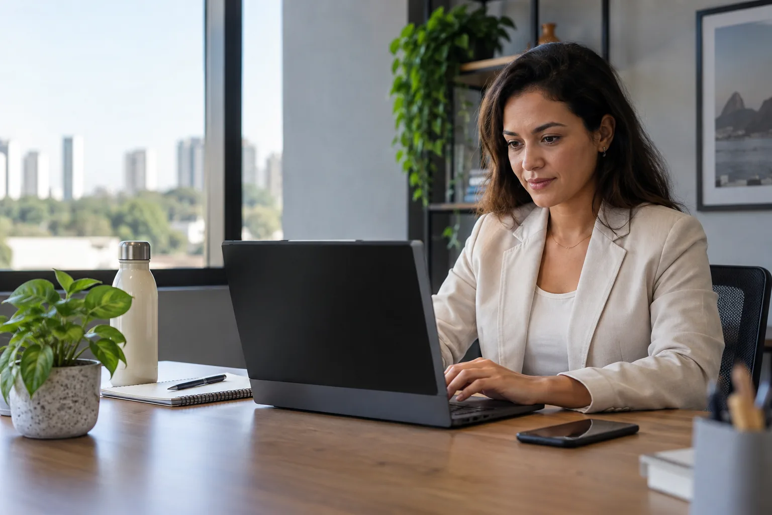 Profissional utilizando um computador em ambiente de trabalho reservado