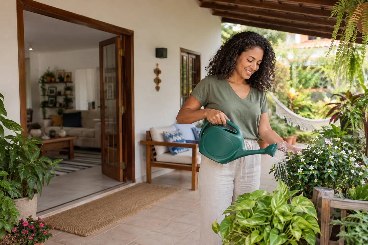 Moradora cuidando das plantas na varanda de sua casa