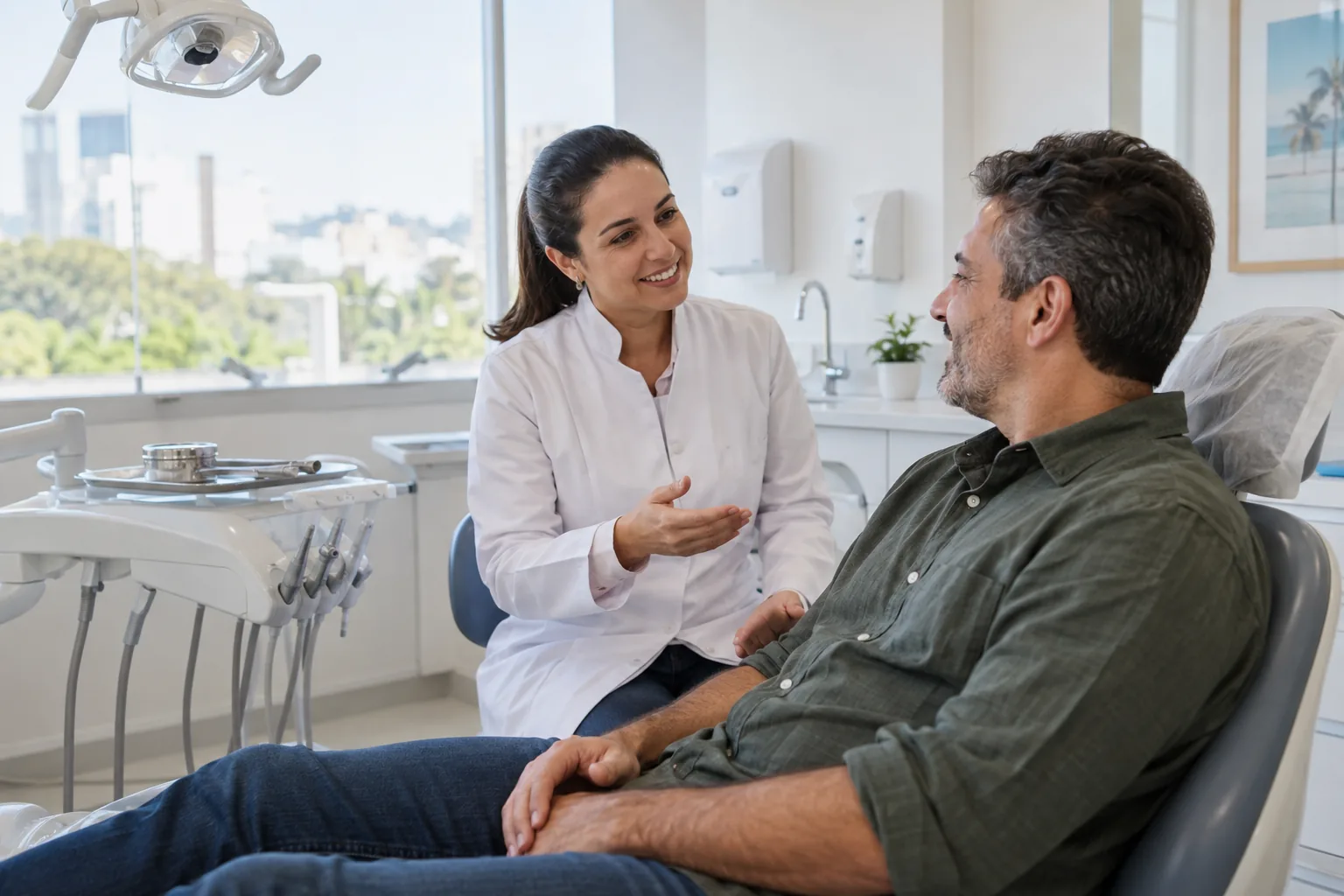 Dentista conversando com uma paciente em consultório