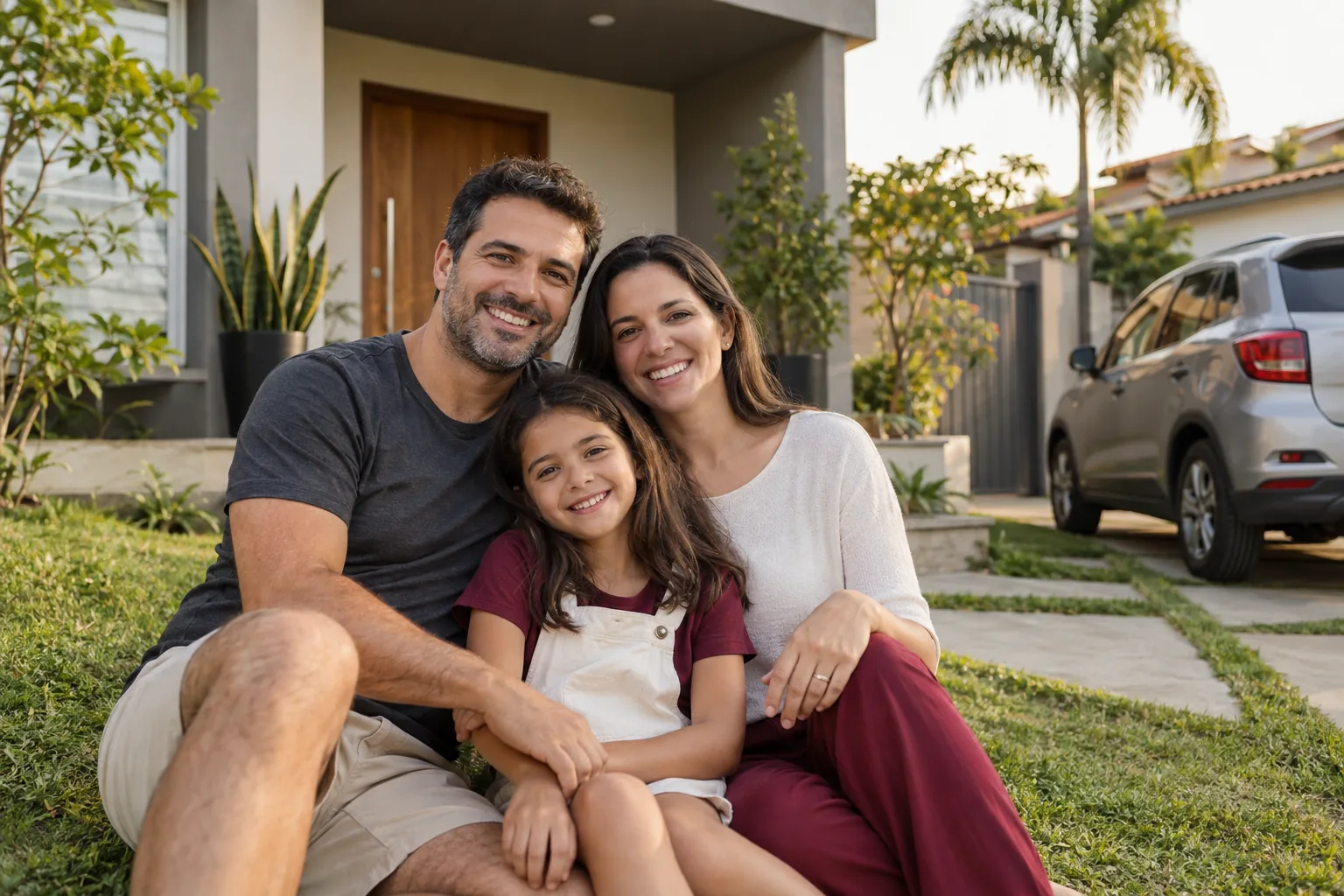 Família reunida em frente à sua casa, com um carro na garagem