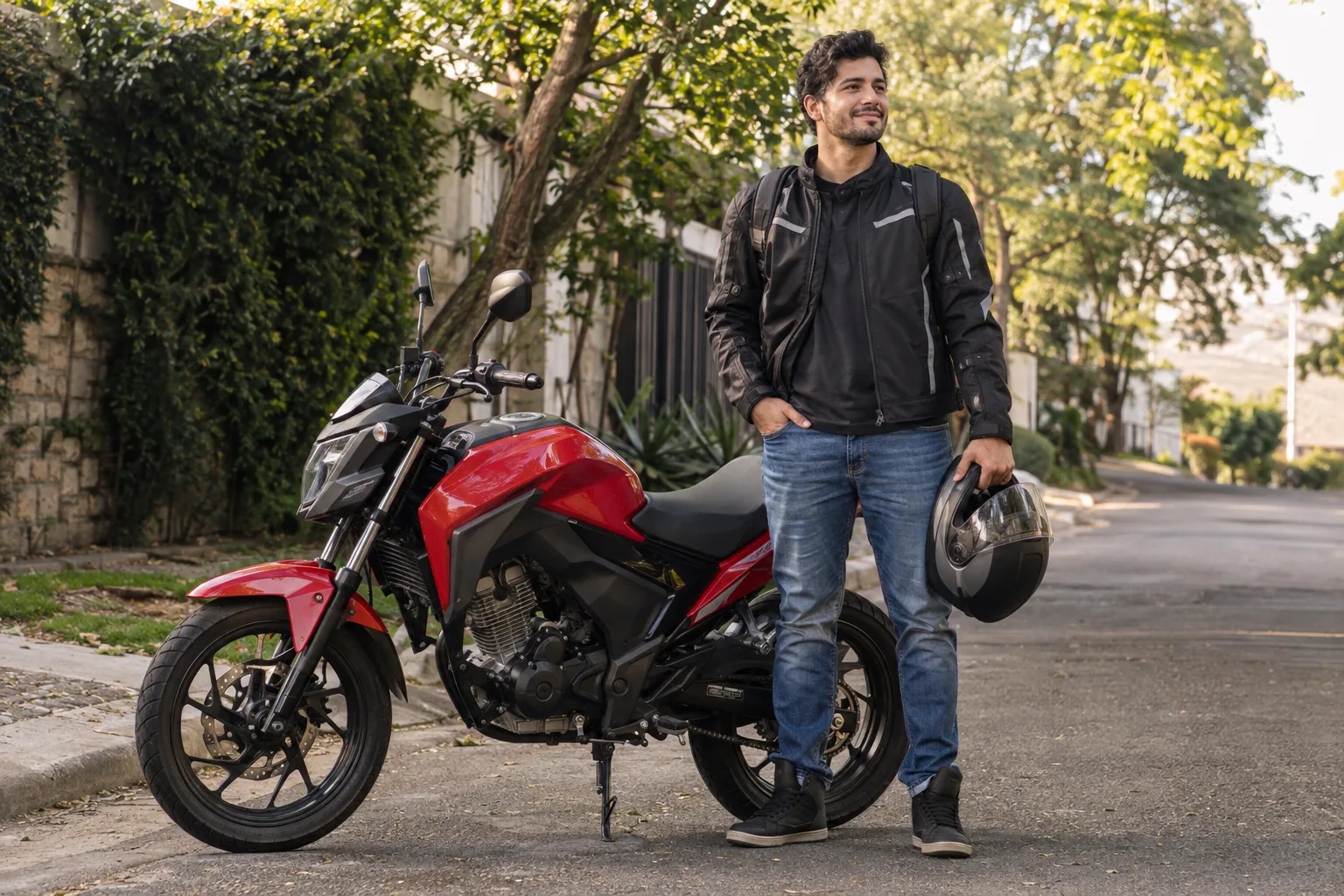 Motociclista com capacete ao lado de uma motocicleta